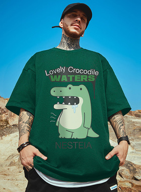 2025墨绿色大码男装重磅胖子加肥加大夏卡通印花宽松短袖T恤半袖