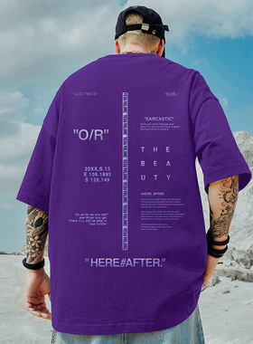 夏季美式复古字母纯棉短袖T恤男街头潮流宽松紫色半袖潮大码男装