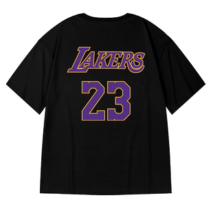 重磅美式23号球衣湖人短袖t恤街头大码黑色圆领纯棉简约半袖男潮