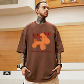 美式 半袖 复古咖啡色T恤男街头潮流bf风百搭休闲宽松纯棉短袖 大码