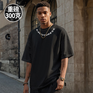 男装 纯棉黑色字母加肥加大码 五分袖 300g重磅潮牌宽松男生T恤短袖