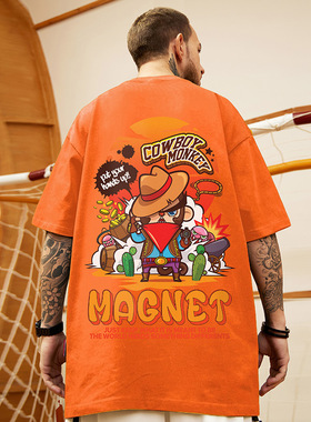 摩严美式橙色嘻哈加肥加大码半袖街头潮牌220g重磅纯棉短袖t恤男