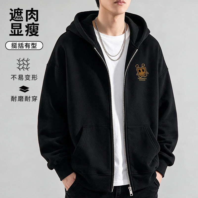 大码男装胖子美式风拉链连帽卫衣春秋季加肥加大宽松潮流开衫上衣