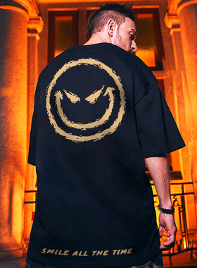 笑脸大码T恤男短袖cec超火港风情侣半袖国潮嘻哈鬼脸潮牌五分袖