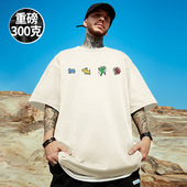 男装 纯棉杏色情侣加肥加大码 五分袖 300g重磅潮牌宽松日系T恤短袖