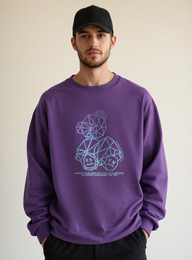 紫色卫衣2026新款重磅美式圆领加肥加大码男装纯棉无帽加绒秋冬季