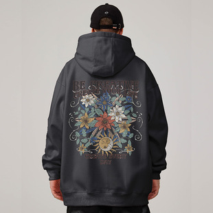 潮流宽松灰色卫衣加绒春秋加厚外套 重磅复古胖子男装 大码 连帽美式