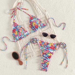 碎花绑带比基尼两件套欧美ins风性感分体泳衣沙滩显瘦泳装 bikini