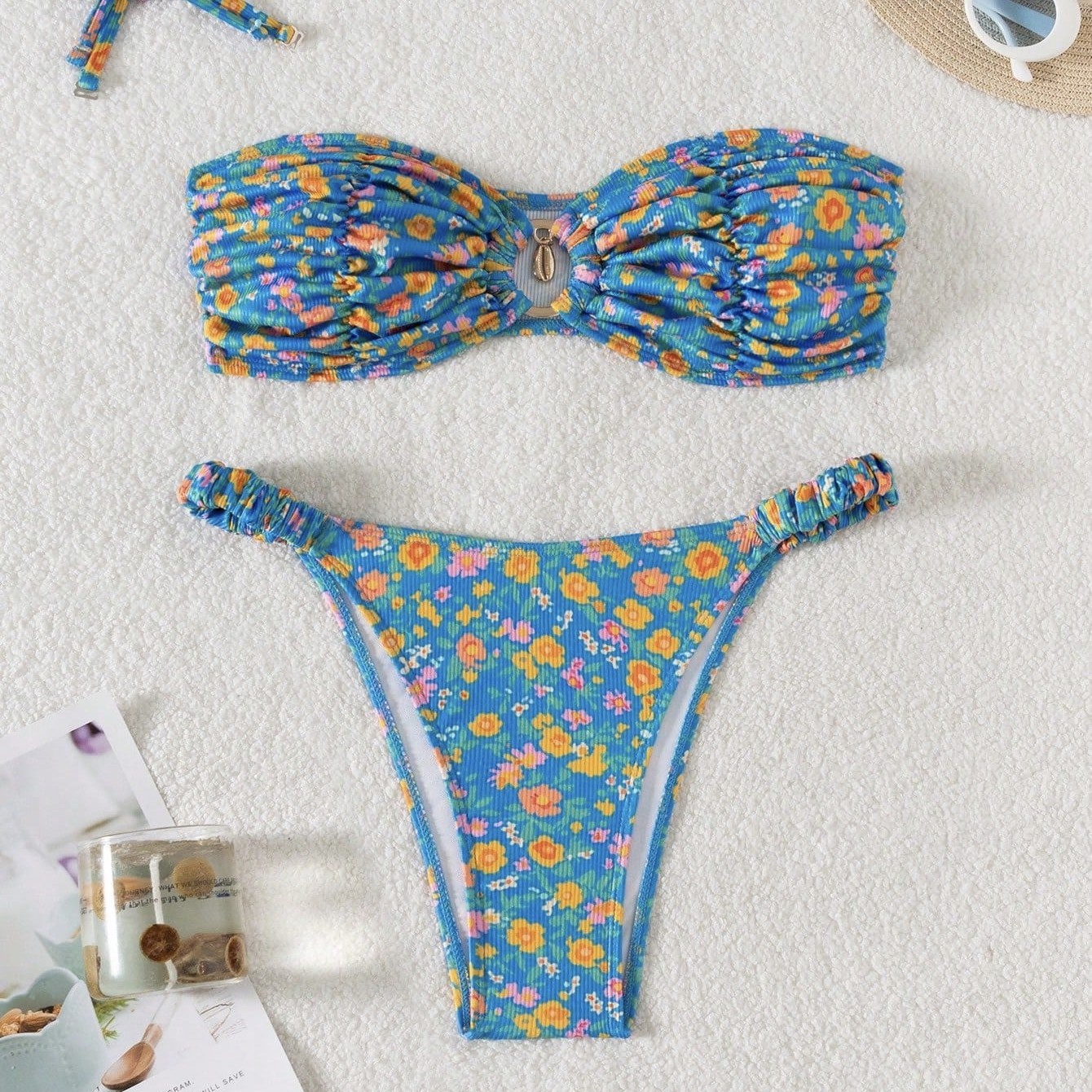 抹胸印花比基尼欧美成熟风分体泳衣网红辣妹游泳衣沙滩显瘦泳装