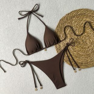 纯色可调节三点式 bikini 比基尼绝美大胸小胸分体泳衣沙滩拍照泳装