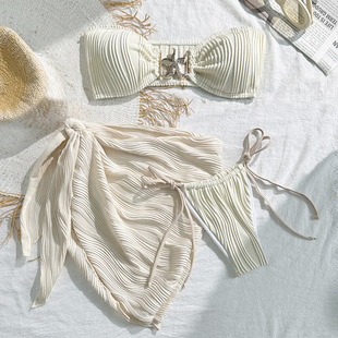 金属配饰抹胸三件套比基尼纯欲风遮肚分体泳衣温泉辣妹泳装 bikini
