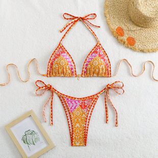 印花三点式 温泉bikini 比基尼欧美辣妹可调节分体泳衣沙滩显瘦泳装