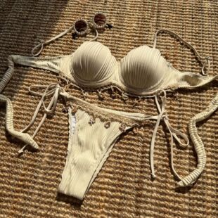 贝壳海星装 bikini 饰比基尼钢托小胸性感聚拢硬包分体泳衣度假泳装