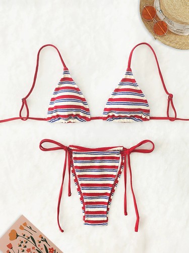系带挂脖条纹比基尼日系甜美沙滩分体泳衣高级感网红泳装bikini - 封面