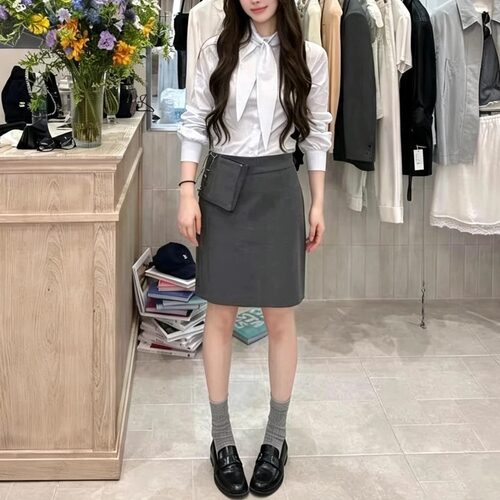 SJia【NOAGI】韩系极简风百搭休闲蓝色衬衫+灰色腰包半身裙套装女