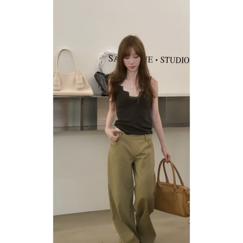 SJia【SAIDTOME】韩女穿搭千禧风炭灰色蕾丝拼接吊带背心+休闲裤