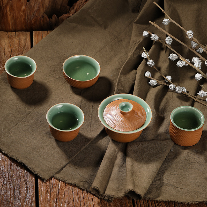 观复龙泉青瓷跳刀纹泡茶盖碗手工陶瓷茶杯主人杯单杯品茗杯