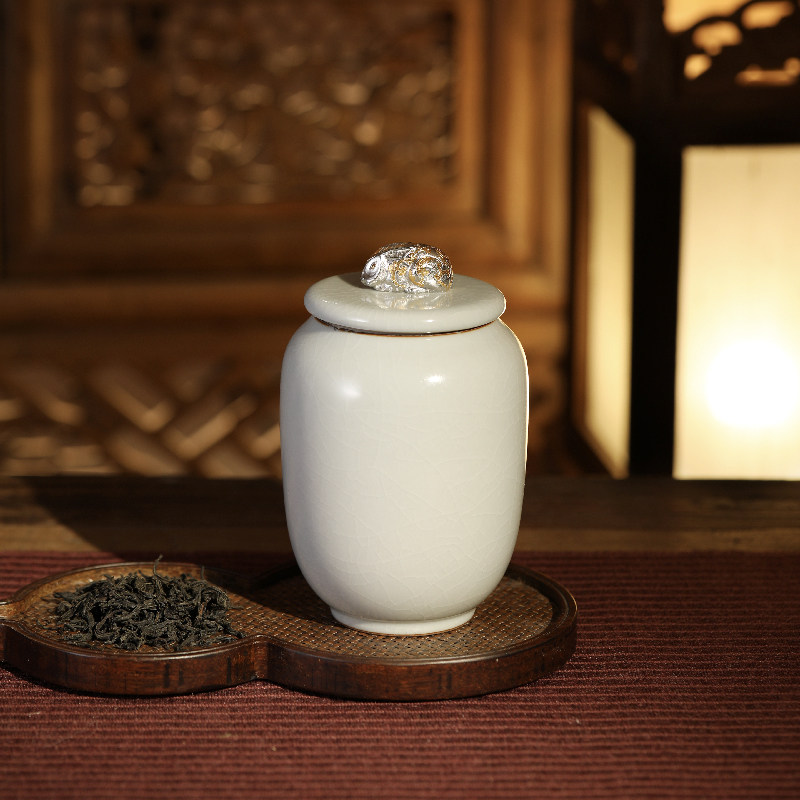 观复卯兔官窑茶叶罐陶瓷开片镀金手工银锔镶家用醒茶礼盒装景德镇