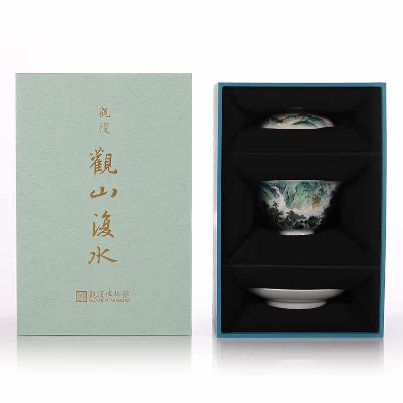 观复青绿山水系列纯手工重工手绘三才盖碗景德镇陶瓷茶具泡茶盖碗