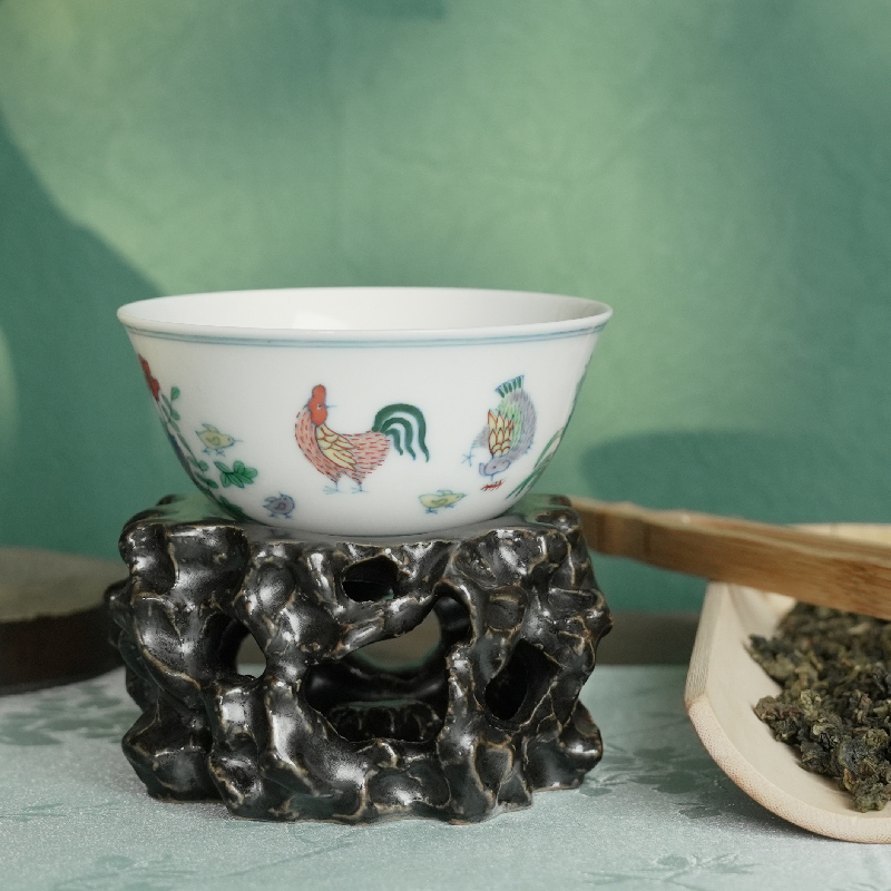 观复仿明代成化斗彩鸡缸杯 景德镇茶杯手绘茶杯赠洞石底托