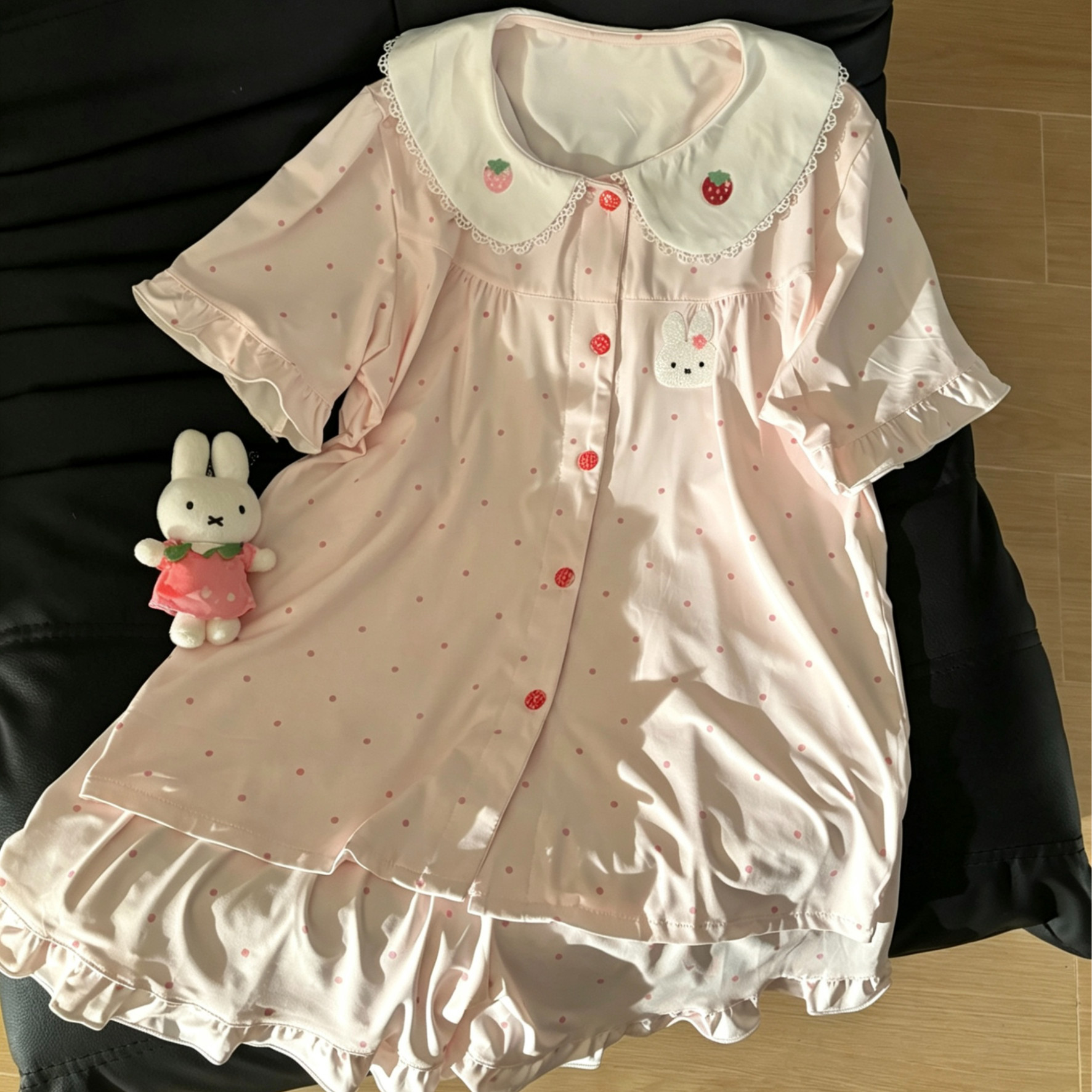 仿棉甜美草莓小兔睡衣女夏季新款卡通可爱风短袖短裤家居服套装