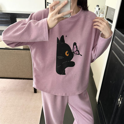 2025年睡衣女新款蚕丝羊绒带胸垫圆领卡通可外穿家居服套装可外穿