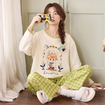 2026春秋新款涤棉睡衣女甜美可爱少女家居服套装圆领带胸垫可外穿