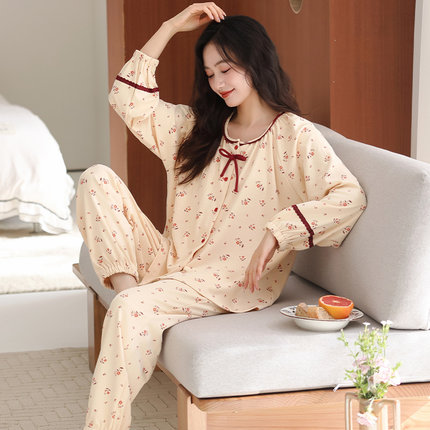 春秋季新款女士纯棉长袖长裤两件套可外穿休闲简约圆领开衫家居服