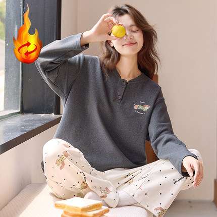 冬季长袖套头保暖女睡衣薄款套装家居服薄绒蚕丝羊毛绒秋德绒睡衣