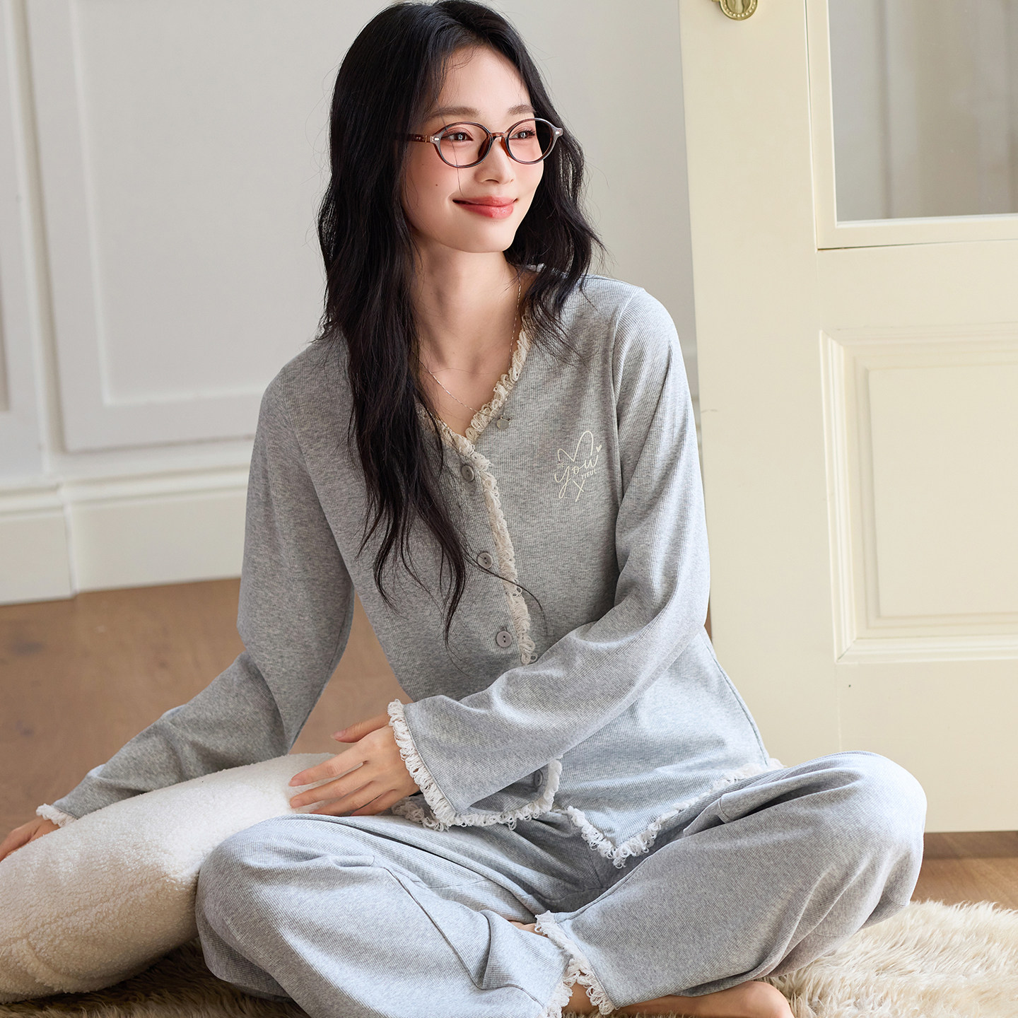 2026春季新款彩棉螺纹长袖睡衣女ins风休闲轻奢家居服套装可外穿,女士内衣/男士内衣/家居服,睡衣/家居服套装,淘宝优惠券,粉丝福利购,淘宝优惠卷