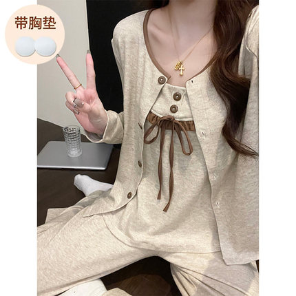 带胸垫秋冬新款睡衣女羊绒休闲长袖长裤可外穿女士舒适家居服套装