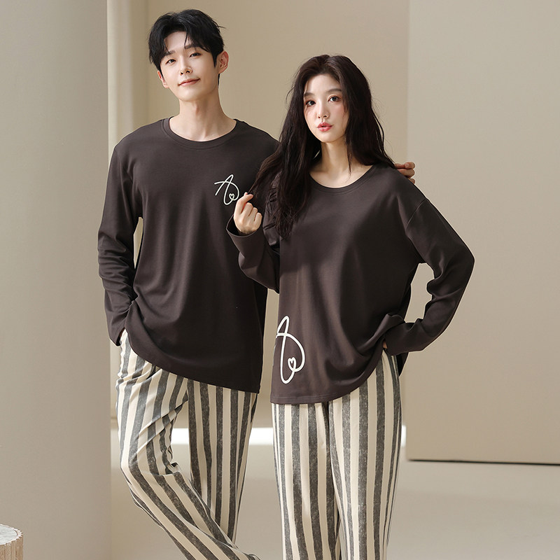 2026春秋季新款纯棉圆领套头睡衣男女情侣家居服套装休闲风可外穿