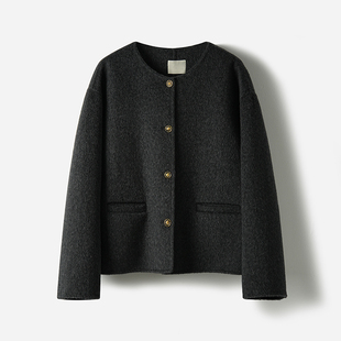 韩版深灰色双面呢小个子女短款圆领秋冬上衣绵羊毛大衣毛呢厚外套