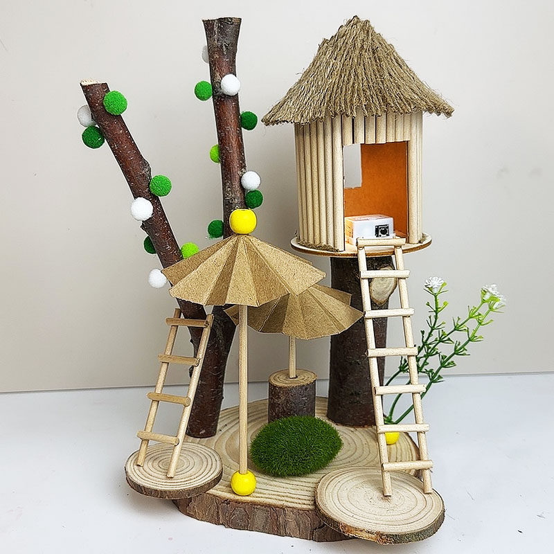 成人解压diy手工作业树枝木片树屋废物利用材料拼装团建亲子活动