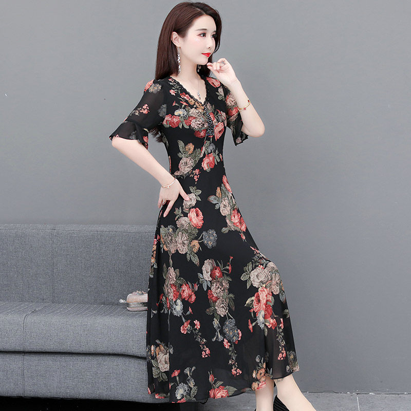 孔雀花雪纺长裙子2020夏季新款气质阔太太高贵夫人洋气高端连衣裙