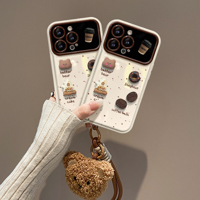 饼干小熊翻盖镜子挂绳软壳适用苹果17promax手机壳iPhone16plus保护套新款15pm创意14por趣味13防摔12好看11