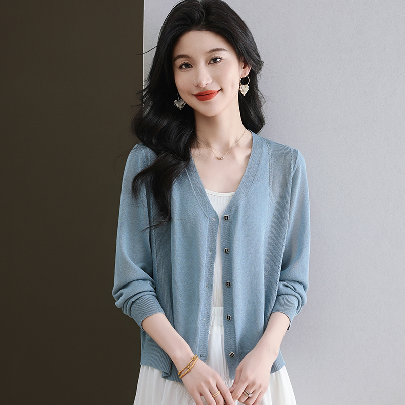 欧货爆款冰丝针织开衫女长袖夏季薄款外搭空调衫防晒衣小披肩上衣