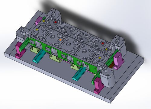 发动机气缸盖精密液压工装夹具(4种加工工序)3D图纸 Solidworks