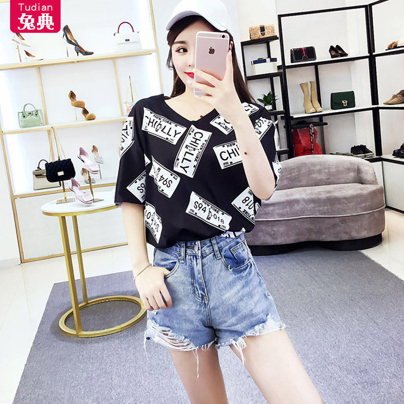 2019夏季新款大码时尚短袖字母T恤裙韩版潮流V领修身宽松上衣女装|ruв категории Женская одежда, футболка - от Buy2taobao.com для оказания профессиональной услуги покупки агента Taobao