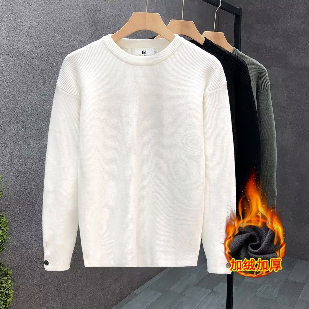 圆领一体绒冬季保暖毛衣男简约风纯色休闲加绒加厚低领针织打底衫