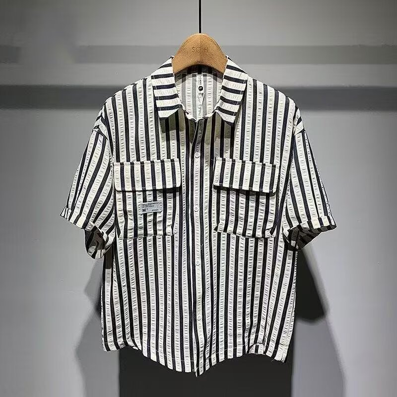 夏季竖条纹冰丝短袖衬衫男简约百搭休闲衬衣宽松日系清新文艺半袖