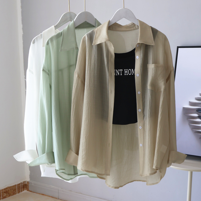 宽松休闲单排扣长袖天丝薄透衬衫