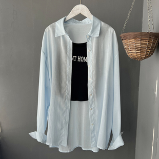 浅蓝色薄款防晒衫外搭夏天透气轻薄遮阳衬衫防风小衫空调衫刚遮臀