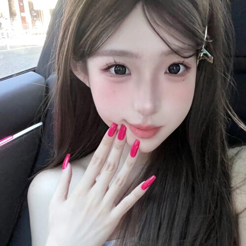 简约高级感欧美辣妹超显白纯色玫红色亮面手工穿戴甲婚甲可拆卸孕