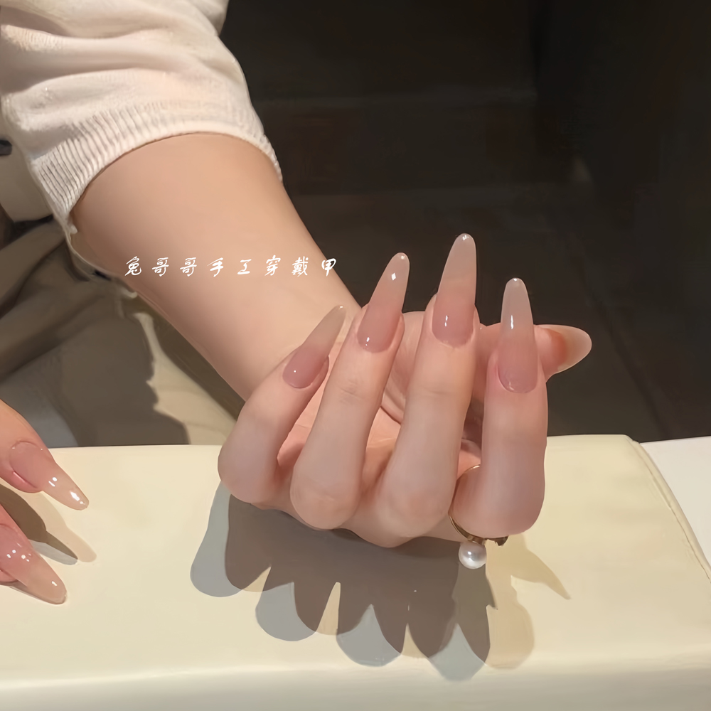 手工穿戴甲华妃同款纯色长尖椭圆冰透裸色美甲贴片成品甄嬛同款