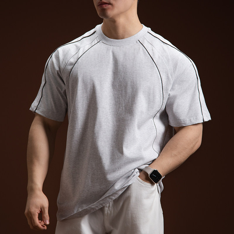 BARBRO新款圆领短袖T恤男纯棉修身显肌肉插肩袖休闲风男士t恤男装