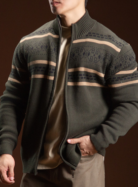 BARBRO针织开衫毛衣男复古提花立领厚款秋冬季修身保暖针织衫外套