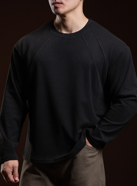 BARBRO美式复古潮牌长袖T恤男宽松拼接高弹春秋季打底衫健身上衣