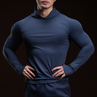 BARBRO新款长袖T恤男连帽运动健身跑步男士秋冬季休闲纯色带帽T恤