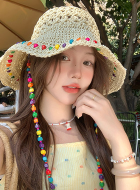 新款多巴胺彩珠草帽女夏季泫雅风度假镂空防晒帽大帽檐遮阳渔夫帽